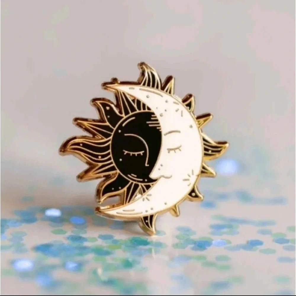 Sun Moon golden black white yin yang symbol cute minimalist enamel pin brooch ch